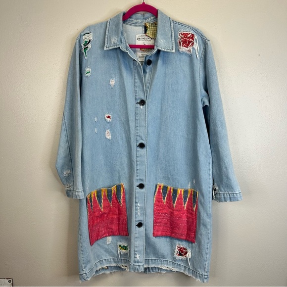 Upcycled Country Vibes Long Light Blue Denim Jacket Womens L Festival Cowgirl - Picture 14 of 15